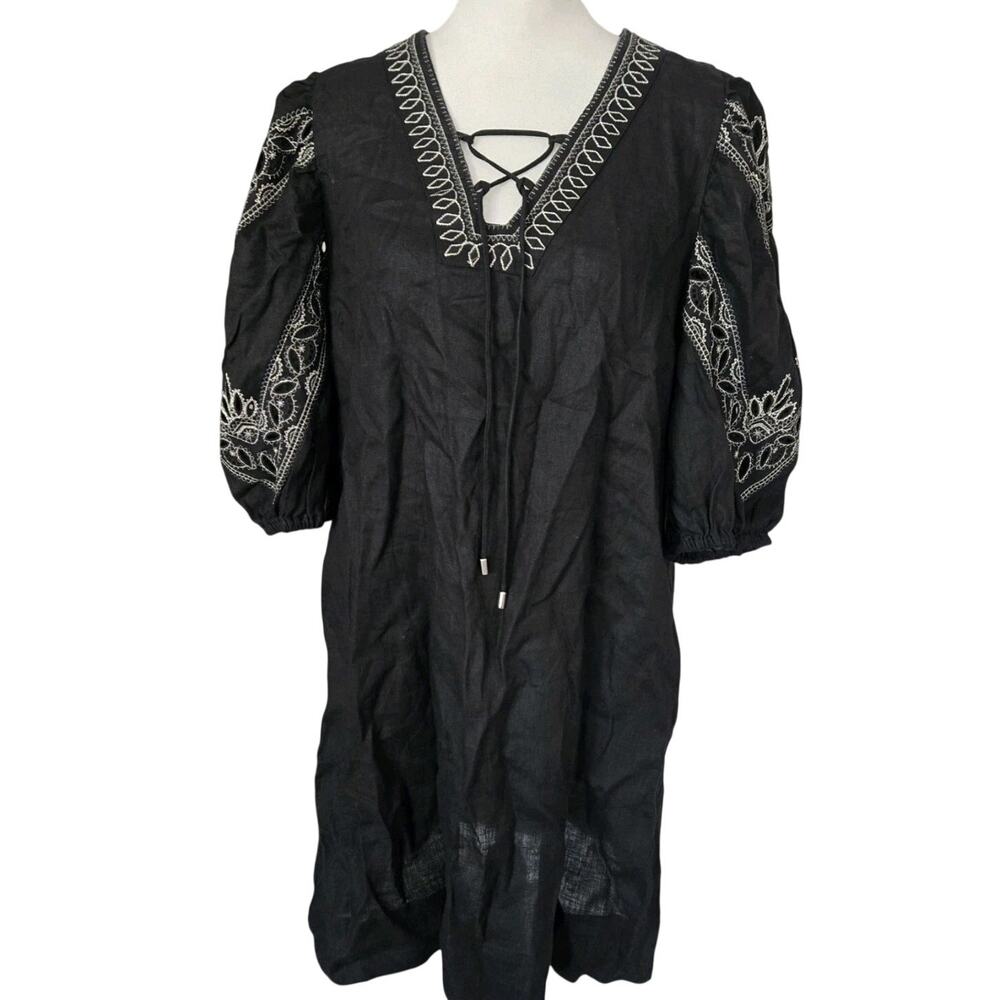 Boho-Chic 100% Linen Embroidered Puff Sleeve Tunic Dress Magaschoni Black Sz M